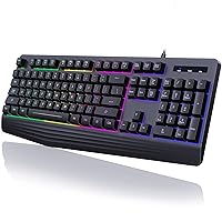 Gaming Keyboard, 7-Color Rainbow LED Backlit, 104 Keys Quiet Light Up Keyboard, Wrist Rest, Whisper Silent, Anti-ghosting Multimedia Keys, Waterproof USB Wired Keyboard for PC Mac Xbox