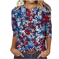 Deal of The Prime of Day Today 4th of July Tops for Women 3/4 Length Sleeve Crewneck Summer Tops Patriotic Graphic Tees Red White and Blue Shirts Blouse