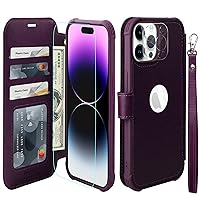 VANAVAGY Compatible for iPhone 15 Pro Wallet Case,RFID Flip Leather Cover with Wrist Supports Wireless Charging with Card Holder,[Glass Screen Protector & Camera Cover],Purple