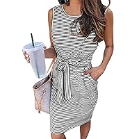 Summer Dresses for Women 2024 Casual Striped Short Sleeve Sexy Slim Crewneck Knee Length Beach Sundress with Pockets