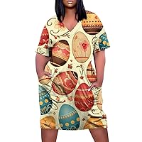 Shirt Dresses for Women,Easter Prinetd Fashion Summer V Neck Short Sleeve Midi Tshirt Dresses Casual Tunic Dress with Pockets