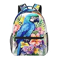 Blue Parrot In Flowers Print Backpack Laptop Bag Cute Lightweight Casual Daypack For Men Women