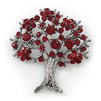 Burgundy Red Crystal 'Tree Of Life' Brooch In Gun Metal Finish - 52mm Length