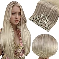 Full Shine Hair Extensions Clip ins Ombre Blonde Clip in Hair Extensions Ash Blonde with Light Blonde to Platinum Blonde Ombre Hair Extensions for Women Clip in Extensions Remy Hair 16inch 7Pcs 120g