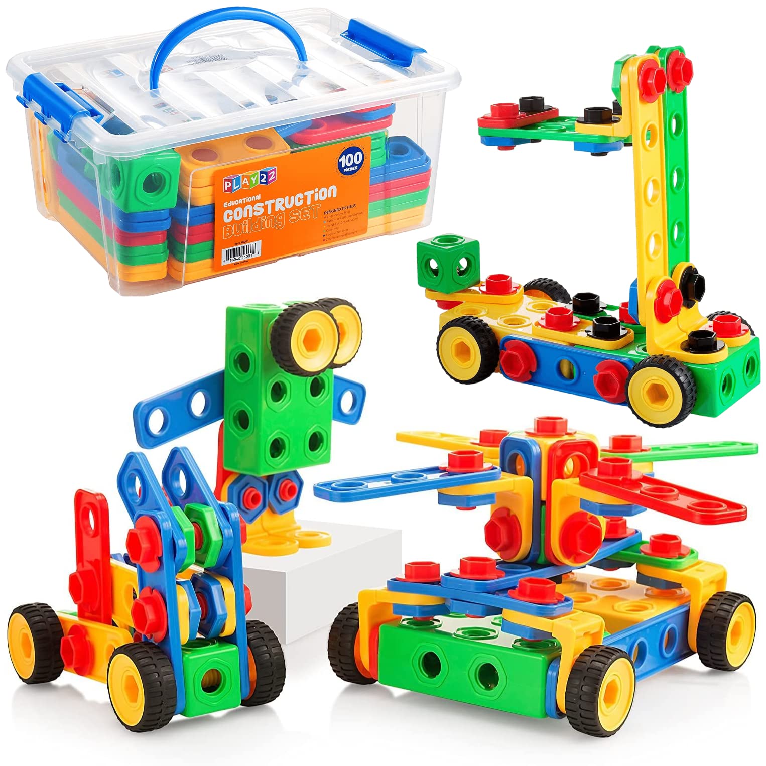 Play22 100Pc Building Blocks for Toddlers Stem Toys - Building Construction Toys for Boys and Girls Ages 3 4 5 6 7 8 9 10 - Educational Toys Set with Nice Storage Box - Original