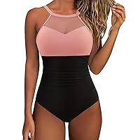 Women Tummy Control One Piece Swimsuit Sexy Mesh High Neck Bathing Suit