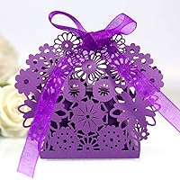 50 Pack Laser Cut Flower Wedding Candy Boxes with Ribbon Party Favor Boxes Small Gift Boxes for Wedding Bridal Shower Anniversary Birthday Party (01, Purple)