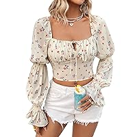 SHENHE Women's Floral Puff Long Sleeve Smocked Tie Front Boho Cute Crop Top Blouse