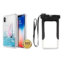 Liquid Sparkling Waterfall Silicon Full Protective Rugged Hard Shell Cover Case for iPhone X, XS, (and Universal Cellphone Waterproof Dry Bag Pouch)