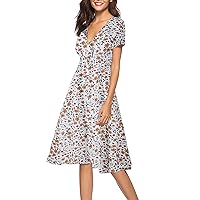 Beach Dresses for Women 2024 Vacation Floral Print Casual Pretty with Short Sleeve V Neck Summer Dresses