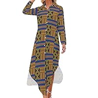 African Kente Tribal Print Women's Shirt Dress Long Sleeve Button Down Shirts Dress Casual Loose Maxi Dresses
