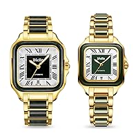 Women & Men Rectangle Dress Wirst Watch, Gift Matching Watches for Couples, Automatic Self Winding, Date Luminous, Jade & Stainless Steel