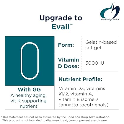 Designs for Health ADK Evail - 5000 IU Vit D3 with Vitamins A, E (Annatto Gamma Delta Tocotrienols), K (K1 + K2) - Fat Soluble Vitamin D Complex - Bone + Immune Support - Non-GMO (60 Softgels)