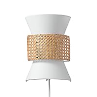 Globe Electric Ayla 2-Light Plug-in or Hardwire Wall Sconce, Matte White, White Fabric Shade, Natural Rattan, 6ft White Braided Fabric Designer Cord, in-Line On/Off Rocker Switch, Bulb Not Included