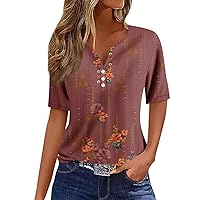 Summer Tops for Women 2024, Button Down Tunic Short Sleeve Floral Print Blouses Henley V Neck Summer Cute Clothes