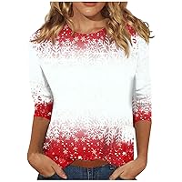 Christmas Tshirts Shirts for Women,Women's Casual Fashion Christmas Print Round Neck Three Quarter Sleeve T-Shirt Top
