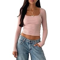 Women's Long Sleeve Fitted Crop Tops Square Neck Trendy Lace Trim Tight Tees Shirts Y2k Going Out top