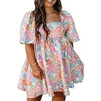 Womens Casual Dress Multicolour Floral Puff Sleeve Square Neck Plus Babydoll Dress