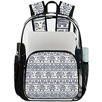 Bohemian Elephant Pattern Clear Backpack Heavy Duty Transparent Bookbag for Women Men See Through PVC Backpack for Security, Work, Sports, Stadium