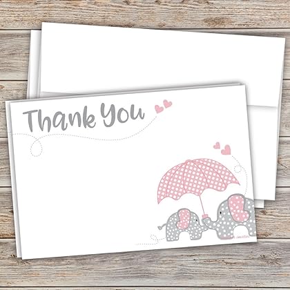 Pink Elephant Girl Baby Shower Thank You Note Cards (20 Count) - With Envelopes