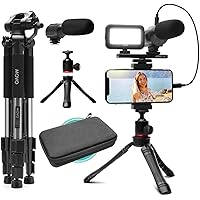 Movo iVlogger iPhone/Android Compatible Vlogging Kit with Fullsize Tripod - Phone Video Kit Accessories: Tripods, Phone Mount, LED Light and Cellphone Shotgun Microphone for Phone Video Vlog Recording