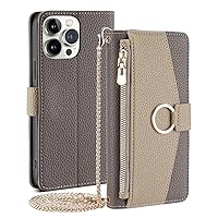Wallet Case for iPhone 14 Pro Max Flip Phone Case Cover with Crossbody Strap Magnetic Zipper Pocket Makeup Mirror PU Leather Shockproof with Kickstand Shell Gray
