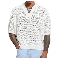 Men's Lightweight Sweater Tops Short Sleeve Hollow Out Collar V Neck Crochet Pullover Knit Tops
