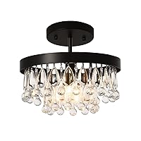 SEOL-Light Vintage Black Crystal Chandelier Small Close to Ceiling Light Round Tiered Pendant Light for Entryway,Kitchen,Dining Room,Dimmable,1 Light,40W,E12,12 Dia*6