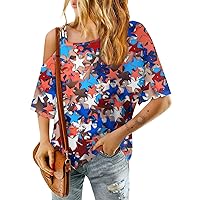 4Th of July Off Shoulder 1/2 Sleeve Tops for Women Summer Casual Loose Fit Patriotic Shirts Red White and Blue Strapless Tee