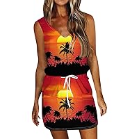 Summer Dresses for Women 2024 Trendy Solid Color Drawstring Pocket Sundress Casual Loose V Neck Sleeveless Mini Dress