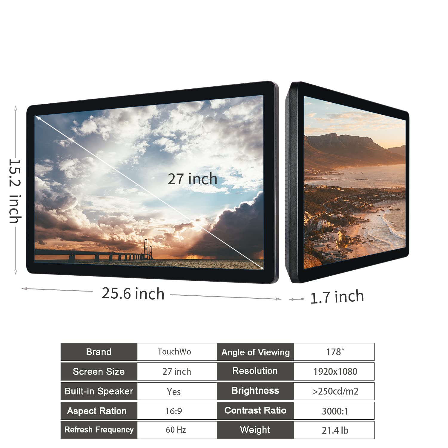 TouchWo 27 inch Touch Screen All-in-One Industrial PC, Intel i3, 4GB RAM, 128G SSD, 16:9 FHD 1080P, Windows 10, Smart Board for Classroom, Meeting & Game, USB, VGA & HDMI Monitor