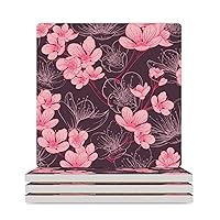 Cherry Blossom Japanese Painting Ceramic Coasters with Cork Base Absorbent Drink Coasters Housewarming Gifts for New Home Square 3.7 Inches 4PCS