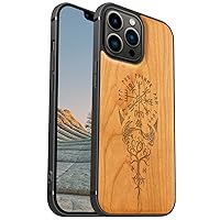 Carveit Magnetic Wood Case for iPhone 13 Pro Max [Hard Real Wood & Soft TPU] Shockproof Hybrid Protective Cover Unique & Classy Wooden Case Compatible with MagSafe (Viking Compass Vegvisir-Cherry)
