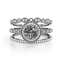 Natural Black Rutilated Quartz Engagement Ring Set for Women 10K 14K 18K Gold Black Rutilated Quartz Art Deco Wedding Ring Vintage Black Anniversary Promise Ring for Her