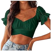 Women's V Neck Expose Navel Short Sleeve T Shirts Slim Fit Sexy Solid Color Tee Tops Pleated Cute Blouse