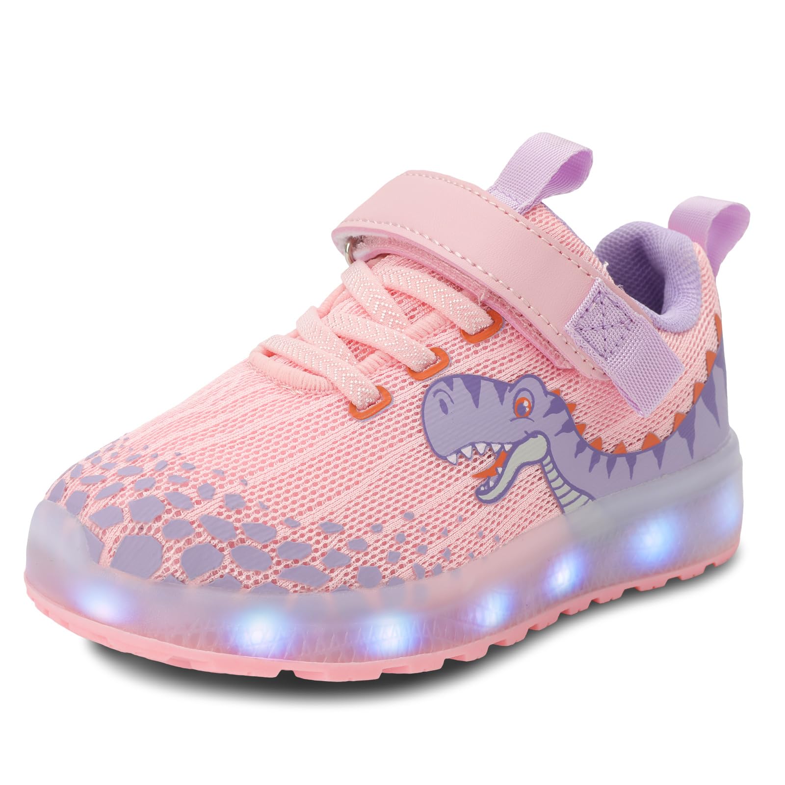 SKASO Toddler Sneakers Light Up Shoes for Boy Girl with Hook and Loop Rechargeable 7 Colors Adjustable Led Shoes Comfortable Non-Slip Dinosaur Shark Shoes Little Kid