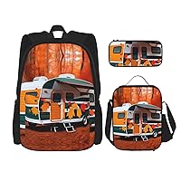 Happy Fall Camper Leaf 3Pcs Backpack Sets Including casual backpacks Pencil Case and Lunch Bag Large Waterproof capacity