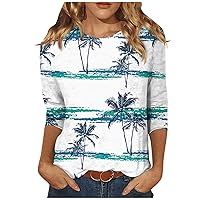 Womens 3/4 Sleeve T Shirts Summer Beach Shirts for Women Three Quarter Sleeve Print Round Neck Pullover Top Blouse