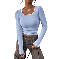 PRETTYGARDEN Womens Tops Spring Long Sleeve Scoop Neck Slim Fit Ribbed Knit Basic T Shirts Color Block Going Out Shirt