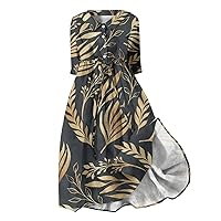 Casual Art Floral Print Button Midi Dress Women's Long Sleeve Loose Dress Flowy Swing Vintage Dresses with Drawstring