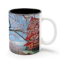 Japanese Cherry Blossom Sakura and Mount Fuji 11Oz Coffee Mug Personalized Ceramics Cup Cold Drinks Hot Milk Tea Tumbler with Handle and Black Lining