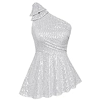 GRACE KARIN Sequin Tops for Women One Shoulder Sleeveless Dressy Sparkle Tops Ruched Sparkly Glitter Party Blouse