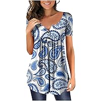 Women's Floral Print Tunic Tops Casual Buttons V Neck Blouses Short Sleeve Henley Shirts Pullover Summer Tees