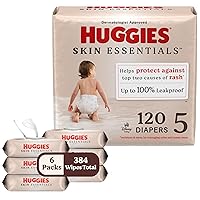 Huggies Skin Essentials Bundle: Huggies Skin Essentials Baby Diapers, Size 5 (27+ lbs), 120 Count (2 Packs of 60) & Huggies Skin Essentials Baby Wipes, 132 Count (6 Packs of 56)