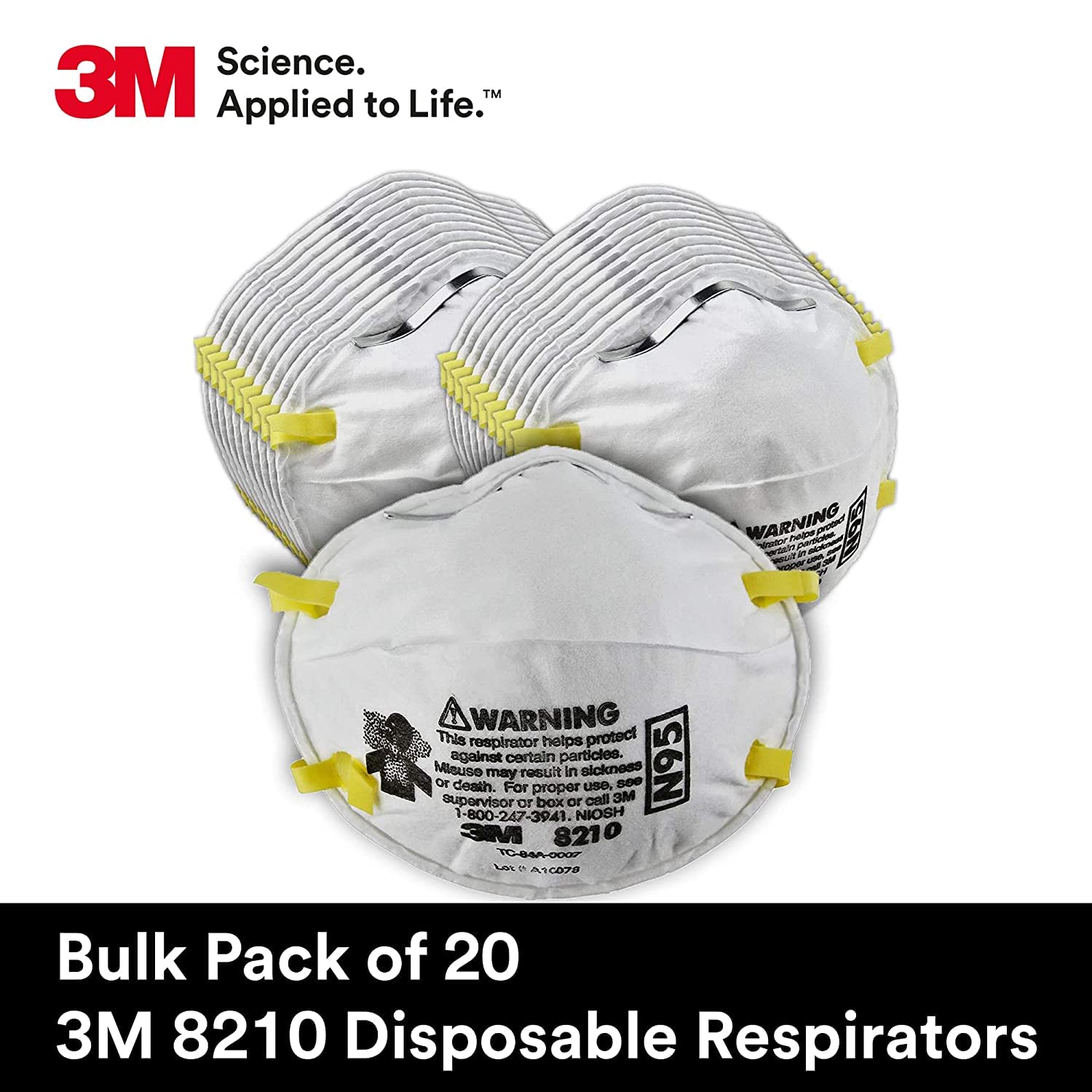 3M Personal Protective Equipment Particulate Respirator 8210, N95, Smoke, Dust, Grinding, Sanding, Sawing, Sweeping, 20/Pack