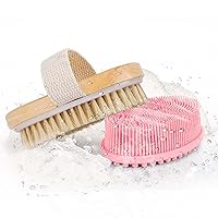 Set of 2 Body Brush-Natural Bristle Dry Skin Exfoliating Brush and Soft Silicone Body Scrubber for Sensitive Kids Women Men All Kinds of Skin to Exfoliate, Improve Blood Circulation (Pink Scrubber)