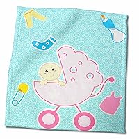 3dRose Cute Pink Baby Stroller with A Baby Peeking Out and A Bottle and... - Towels (twl-158483-3)