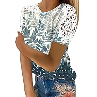 XJYIOEWT Women Shirts for Church Women Floral Print Blouse Cute Lace Crochet Shirt Top Short Sleeve Elegant Tunic T Shi