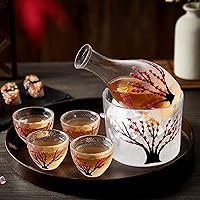 Japanese Sake Set for 4, Handcraft Pink Cherry Blossoms Design, 1 Sake Bottle, 1 Sake Tank and 4 Sake Cups, Cold/Warm/Hot Sake Carafe, Special Japanese Gifts Set - 6 pcs