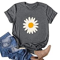 Women's Crew Neck Summer Casual Daisy Printed Short Sleeves T-Shirt Comfy Soft Blouse Tops Fashion Cute Graphic Tees